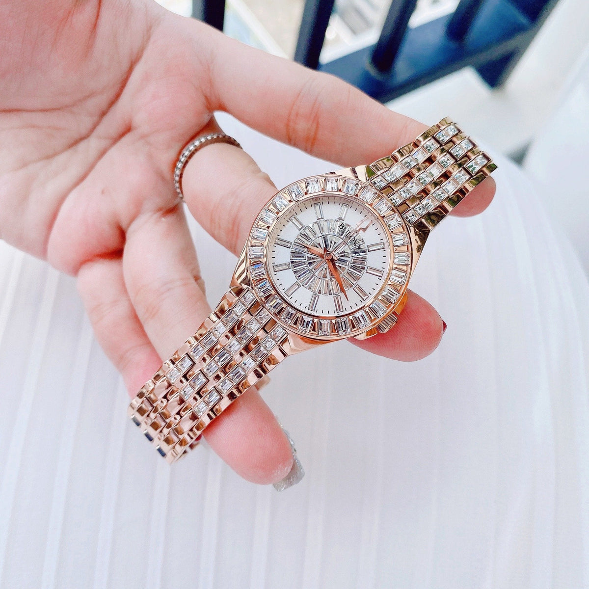  Shop Authentic Bulova Phantom White Dial with Swarovski Baguettes Rose Gold Steel Strap Watch for Women - 98L268 - Luxxuri