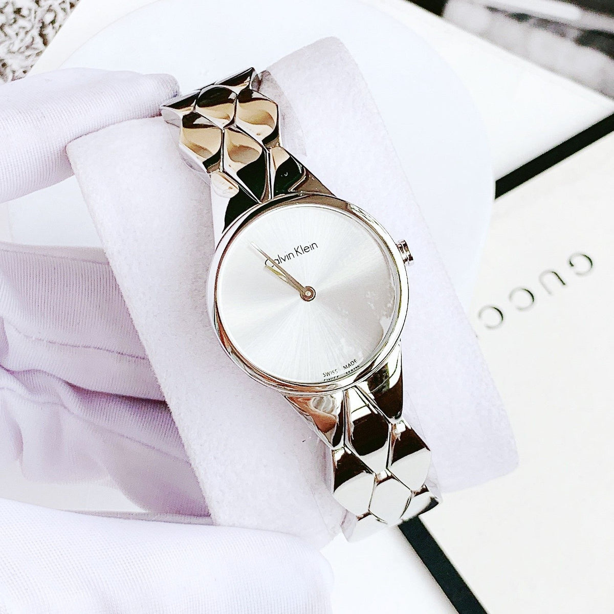  Shop Authentic Calvin Klein Snake Silver Dial Silver Steel Strap Watch For Women - K6E23146 - Luxxuri