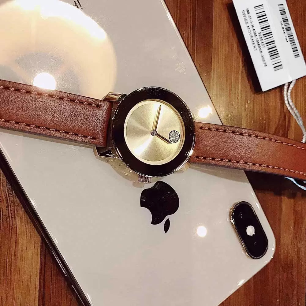  Shop Authentic Movado Bold Gold Dial Brown Leather Strap Watch for Women - 3600437 - Luxxuri