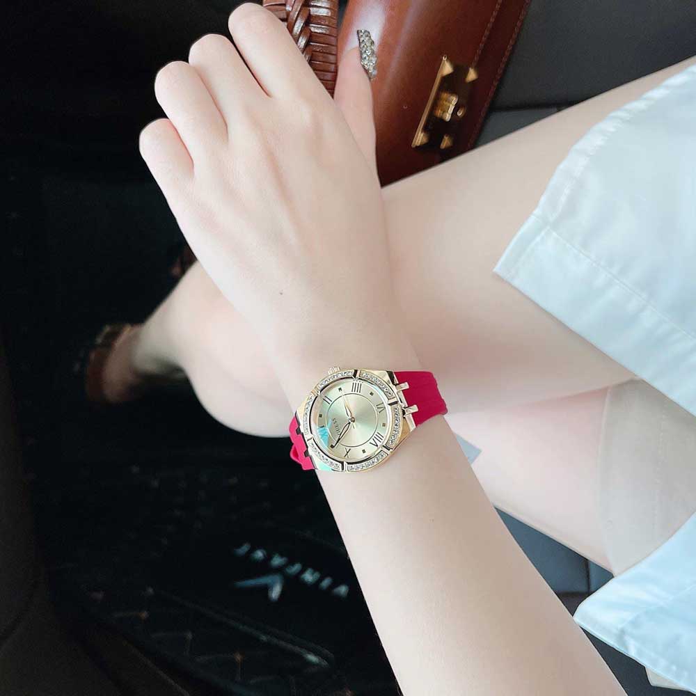  Shop Authentic Guess Cosmo Diamonds Gold Dial Red Rubber Strap Watch for Women - GW0034L6 - Luxxuri