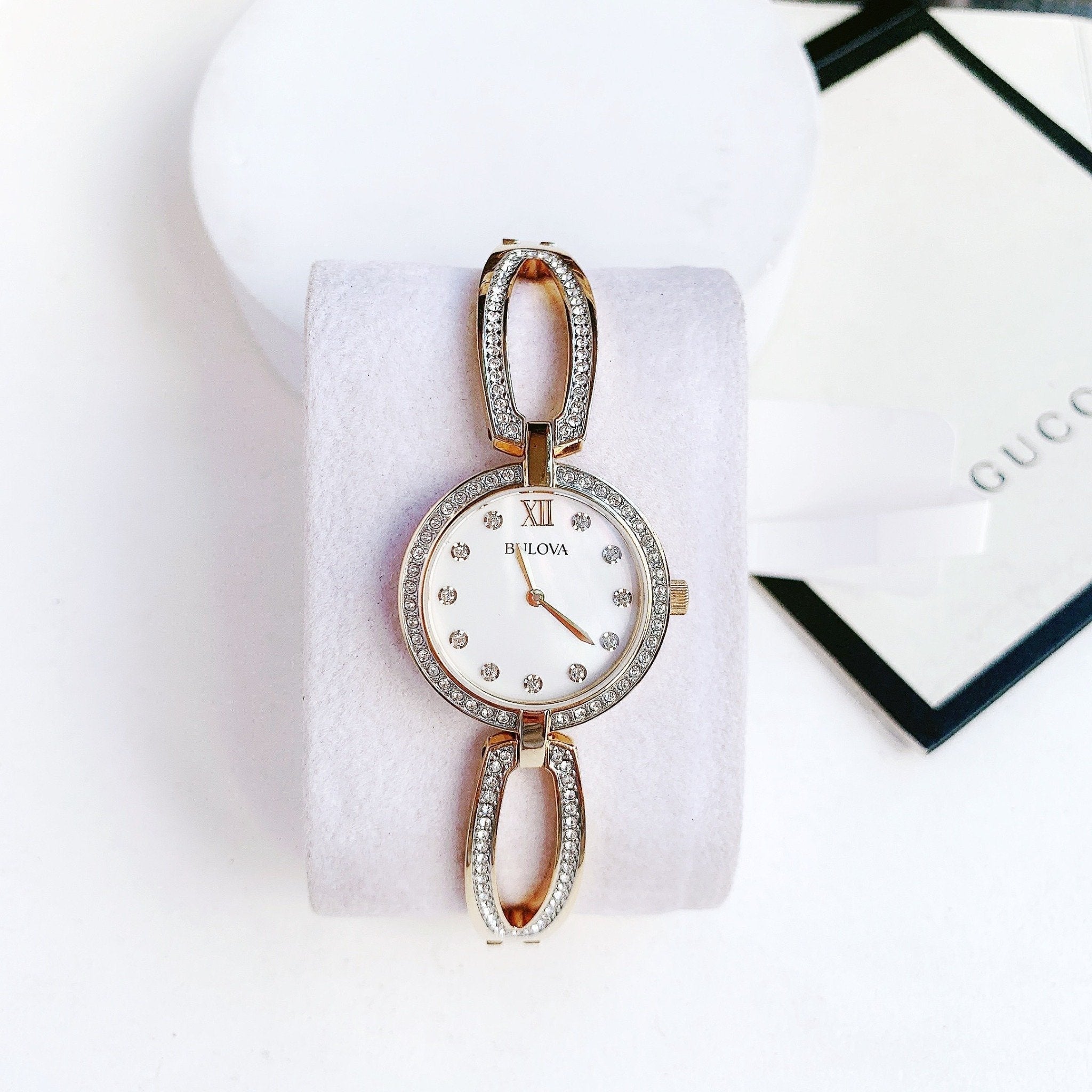  Shop Authentic Bulova Crystal Collection Mother of Pearl Dial Gold Steel Strap Watch for Women - 98L225 - Luxxuri