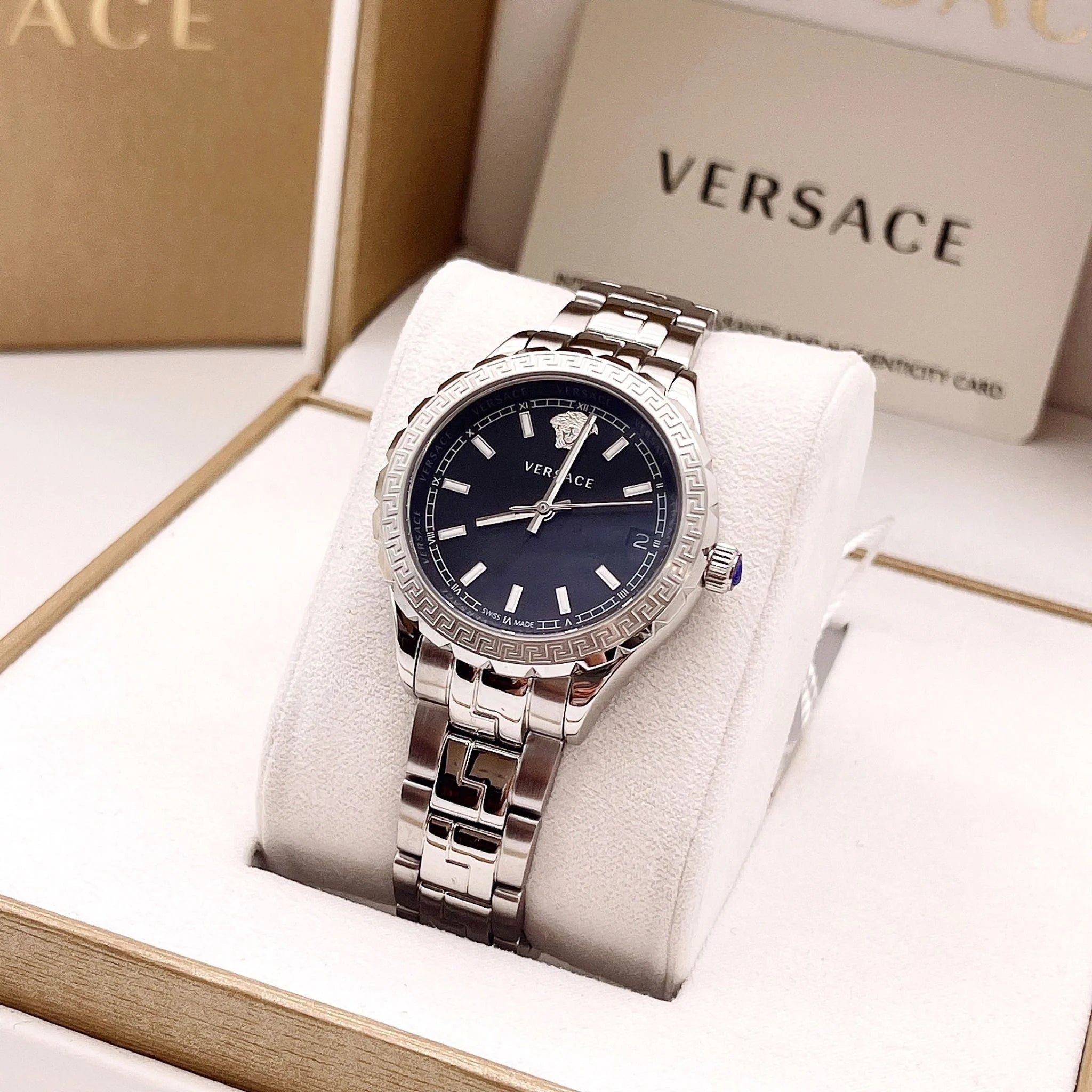  Shop Authentic Versace Hellenyium Quartz Blue Dial Silver Steel Strap Watch for Men - VEVK00921 - Luxxuri