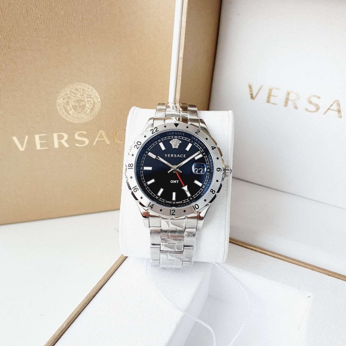  Shop Authentic Versace Hellenyium GMT Black Dial Silver Steel Strap Watch for Men - V11020015 - Luxxuri
