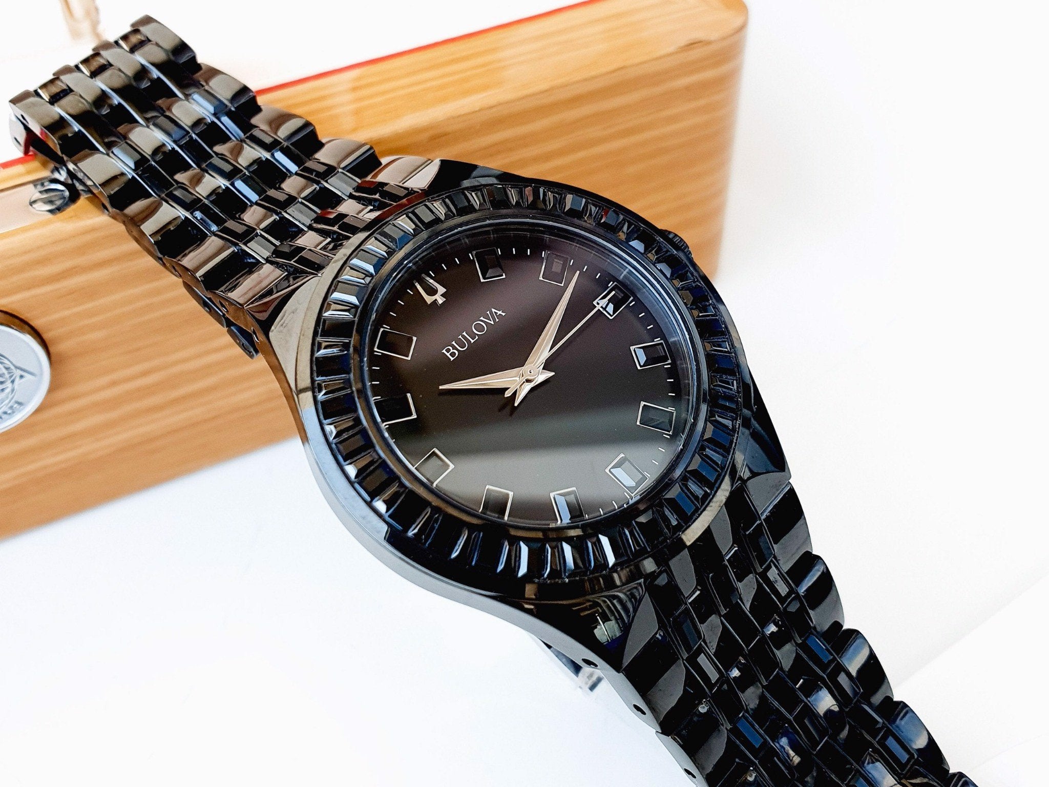  Shop Authentic Bulova Crystal Collection Phantom Black Dial Black Steel Strap Watch for Men - 98A240 - Luxxuri