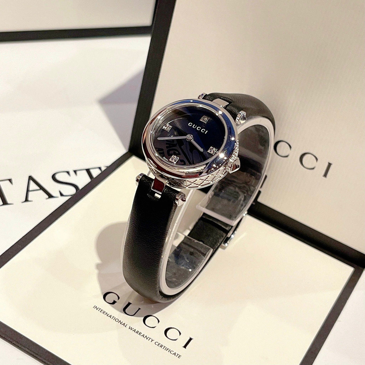  Shop Authentic Gucci Diamantissima Quartz Diamonds Black Dial Black Leather Strap Watch for Women - YA141506 - Luxxuri