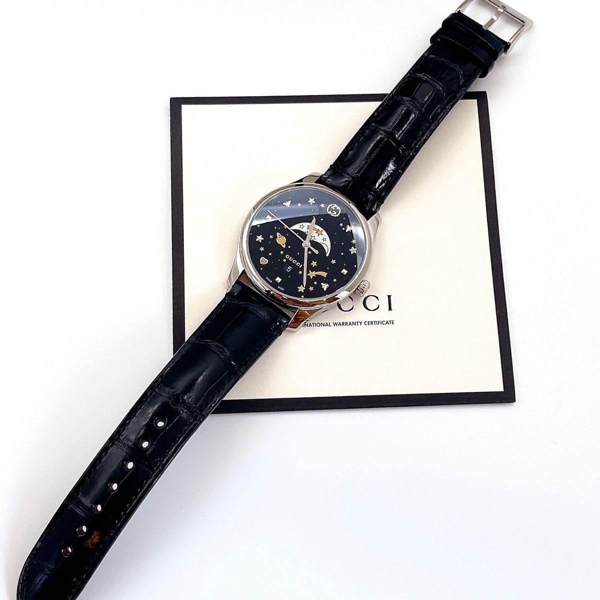  Shop Authentic Gucci G-Timeless Moonphase Black Dial Black Leather Strap Watch For Men - YA126327 - Luxxuri