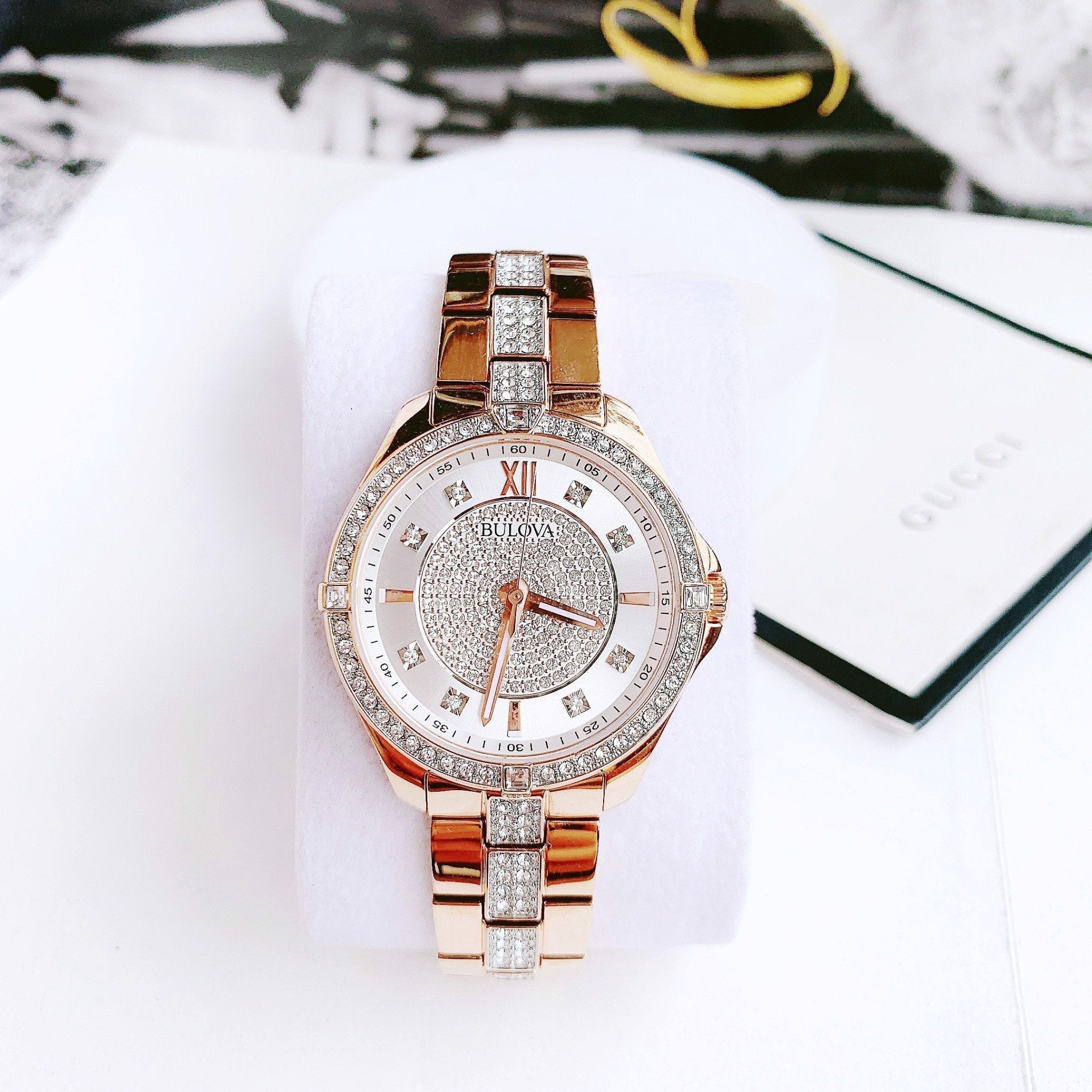  Shop Authentic Bulova Crystal Collection Silver Dial Rose Gold Steel Strap Watch for Women - 98L229 - Luxxuri