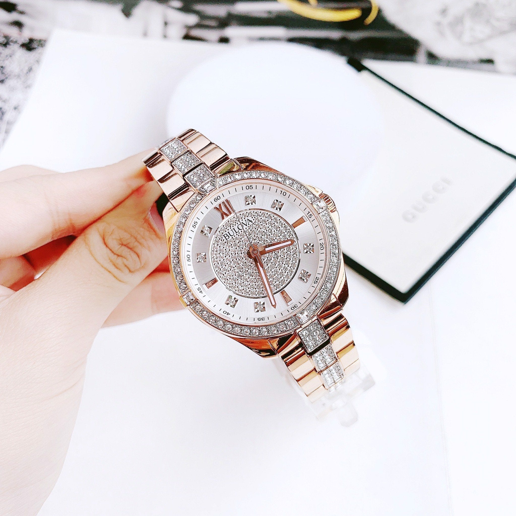  Shop Authentic Bulova Crystal Collection Silver Dial Rose Gold Steel Strap Watch for Women - 98L229 - Luxxuri