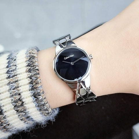  Shop Authentic Calvin Klein Snake Black Dial Silver Steel Strap Watch For Women - K6E23141 - Luxxuri