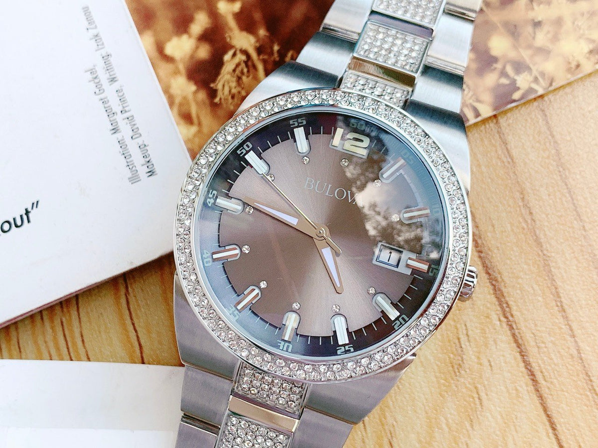  Shop Authentic Bulova Crystal Collection Brown Dial Silver Steel Strap Watch for Men - 96B221 - Luxxuri