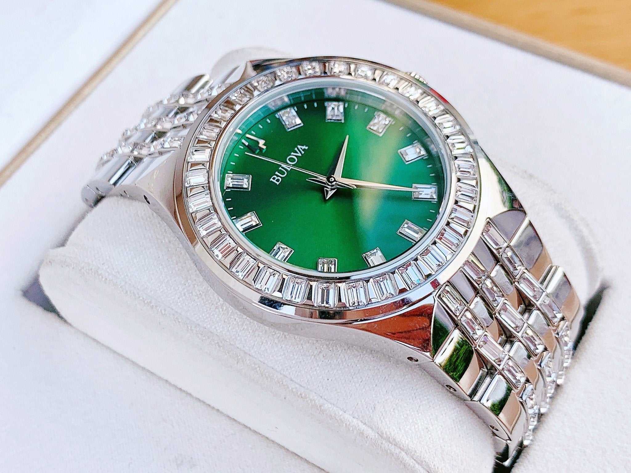  Shop Authentic Bulova Phantom Classic Baguette Green Dial Silver Steel Strap Watch for Men - 96A253 - Luxxuri