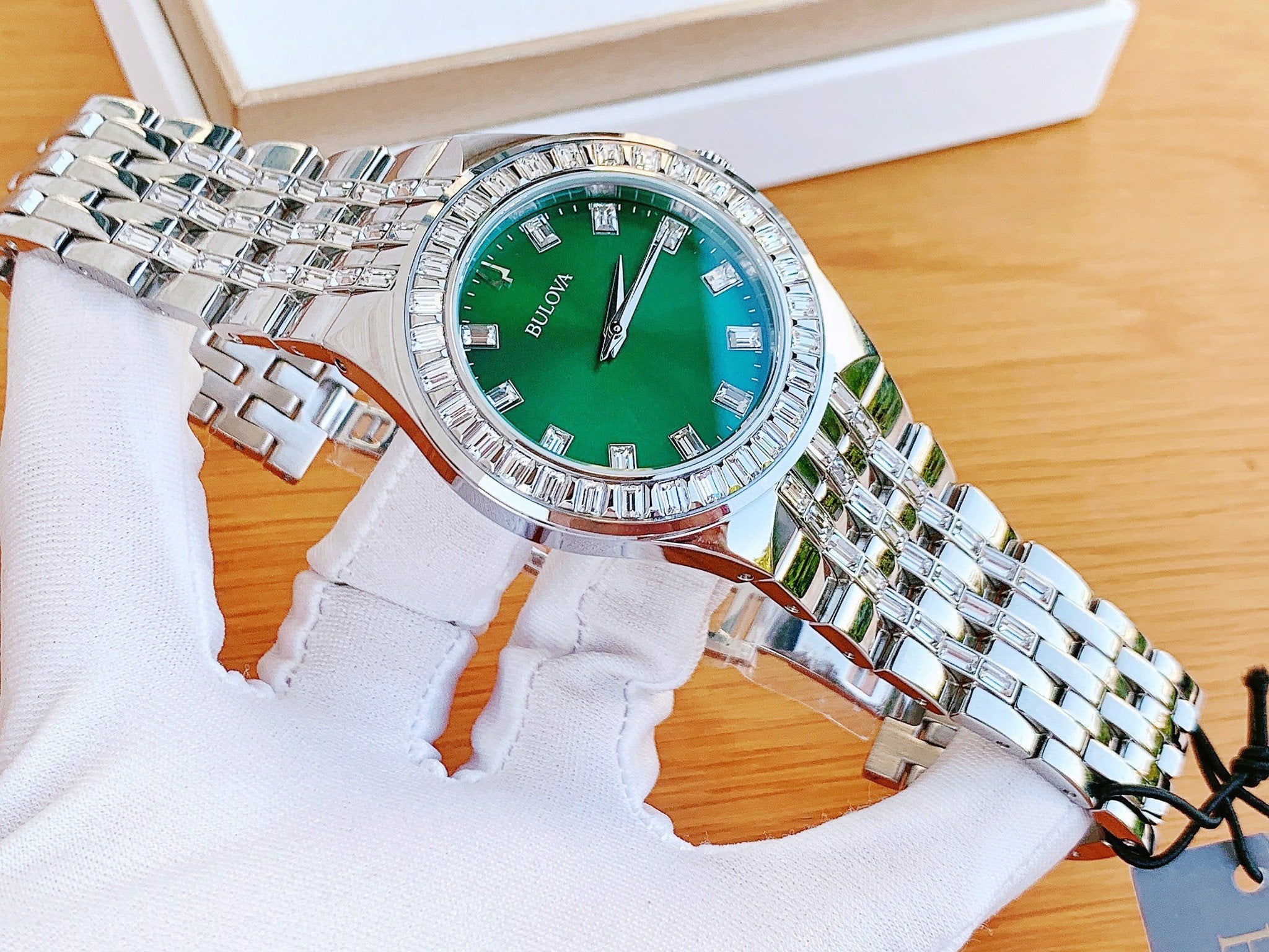  Shop Authentic Bulova Phantom Classic Baguette Green Dial Silver Steel Strap Watch for Men - 96A253 - Luxxuri