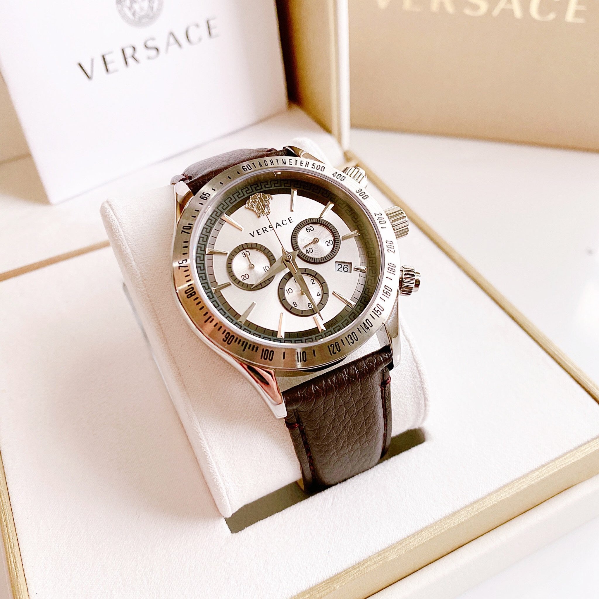  Shop Authentic Versace Classic Chronograph Quartz Silver Dial Brown Leather Strap Watch For Men - VEV700119 - Luxxuri