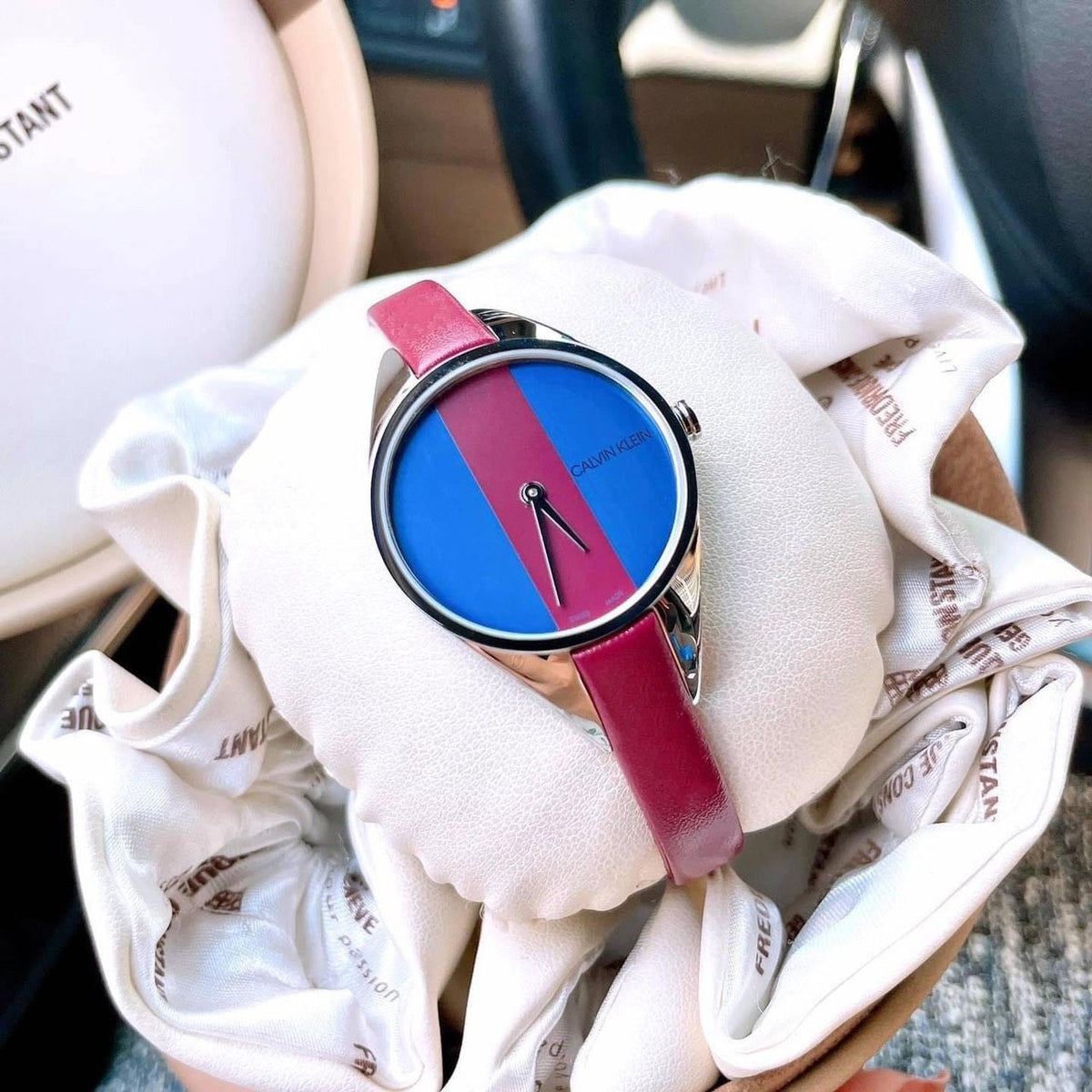  Shop Authentic Calvin Klein Rebel Blue Maroon Dial Maroon Leather Strap Watch for Women - K8P231UN - Luxxuri