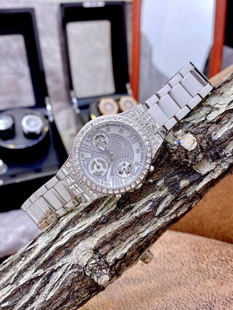  Shop Authentic Guess Moonlight Multi Function Diamonds Silver Dial Silver Steel Strap Watch for Women - GW0320L1 - Luxxuri