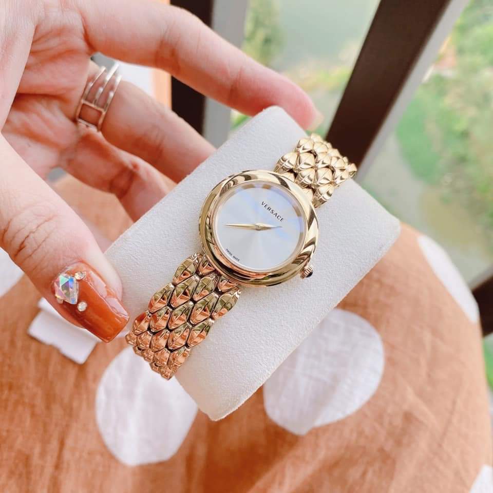  Shop Authentic Versace V-Flare Quartz Silver Dial Gold Steel Strap Watch for Women - VEBN00718 - Luxxuri