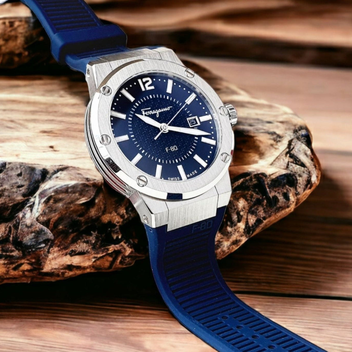  Shop Authentic Salvatore Ferragamo F-80 Blue Dial Blue Rubber Strap Watch For Men - SFHY01022 - Luxxuri
