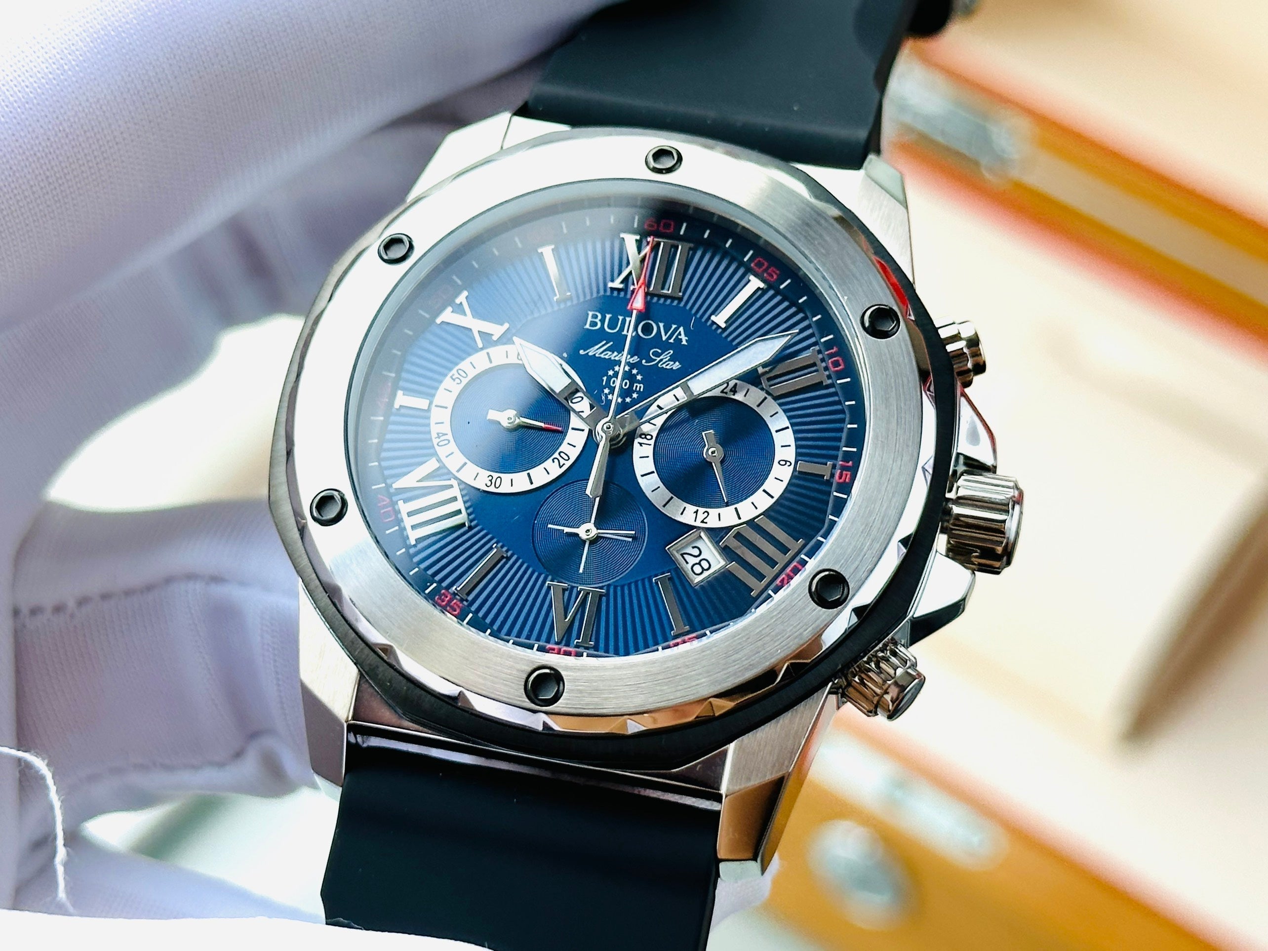  Shop Authentic Bulova Marine Star Blue Dial Black Silicone Strap Watch for Men - 98B258 - Luxxuri