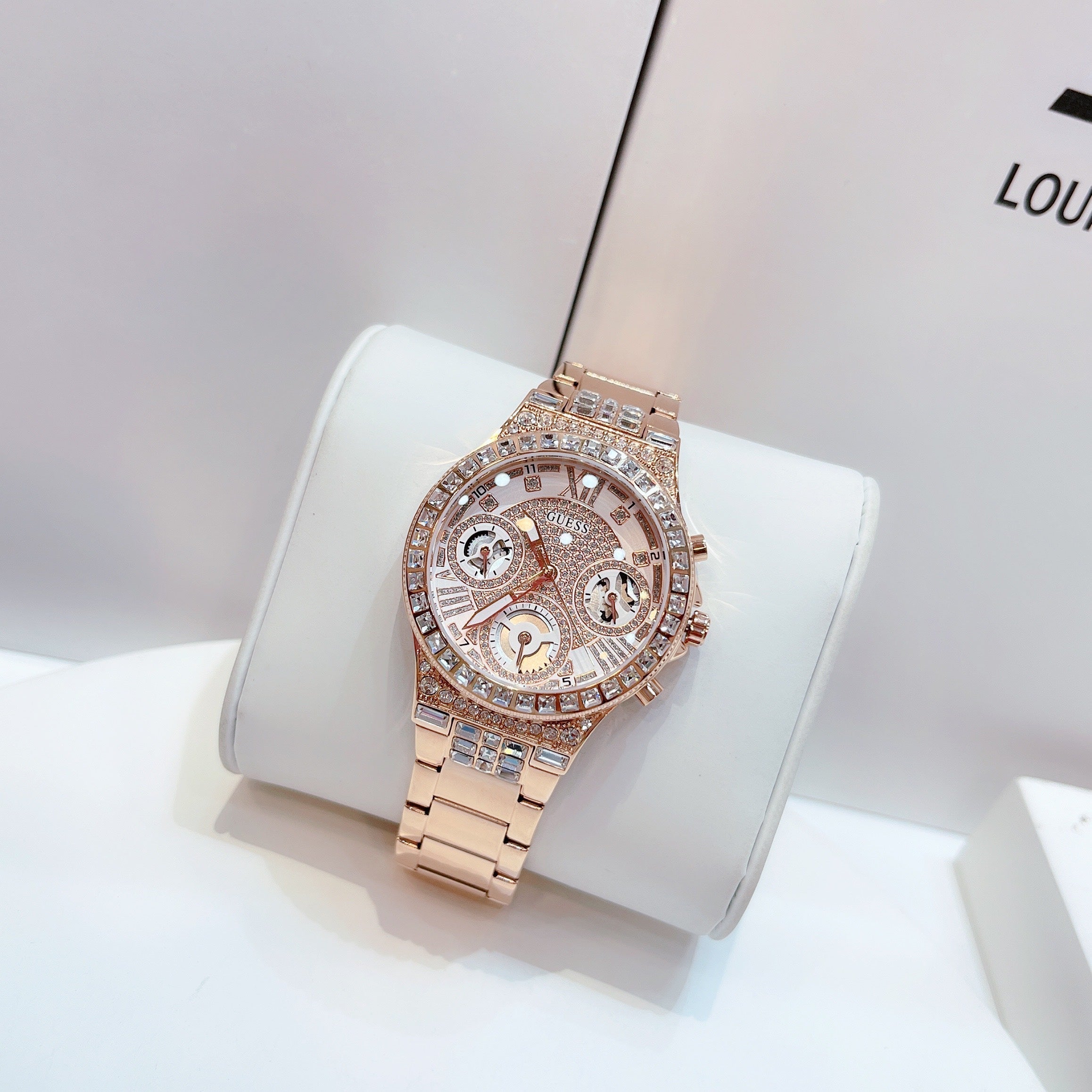  Shop Authentic Guess Moonlight Multi Function Diamonds White Dial Rose Gold Steel Strap Watch for Women - GW0320L3 - Luxxuri