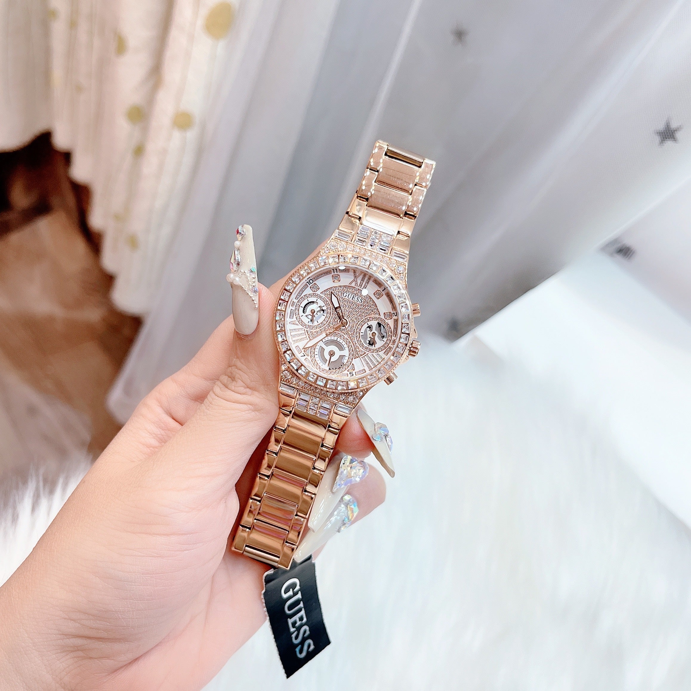  Shop Authentic Guess Moonlight Multi Function Diamonds White Dial Rose Gold Steel Strap Watch for Women - GW0320L3 - Luxxuri