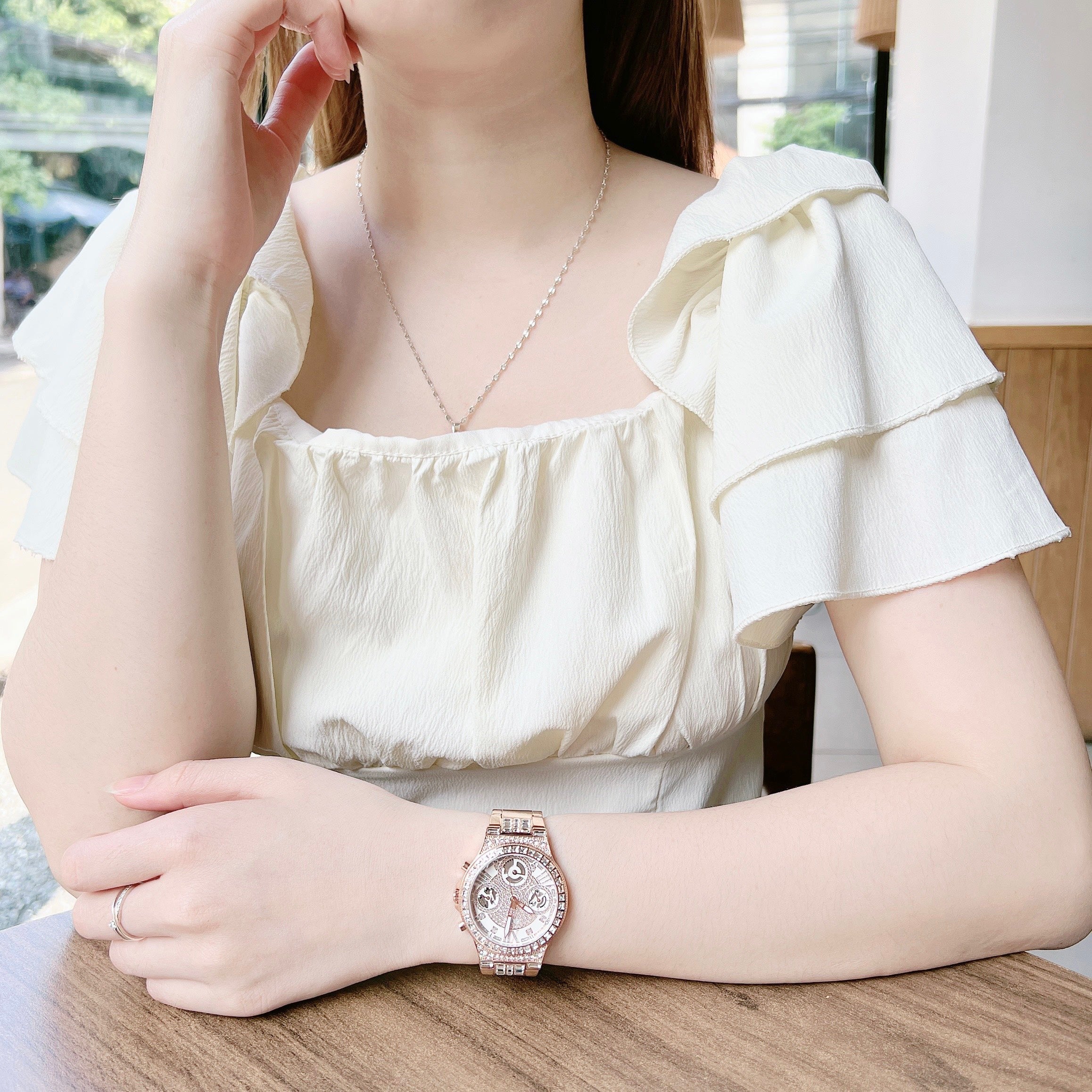  Shop Authentic Guess Moonlight Multi Function Diamonds White Dial Rose Gold Steel Strap Watch for Women - GW0320L3 - Luxxuri