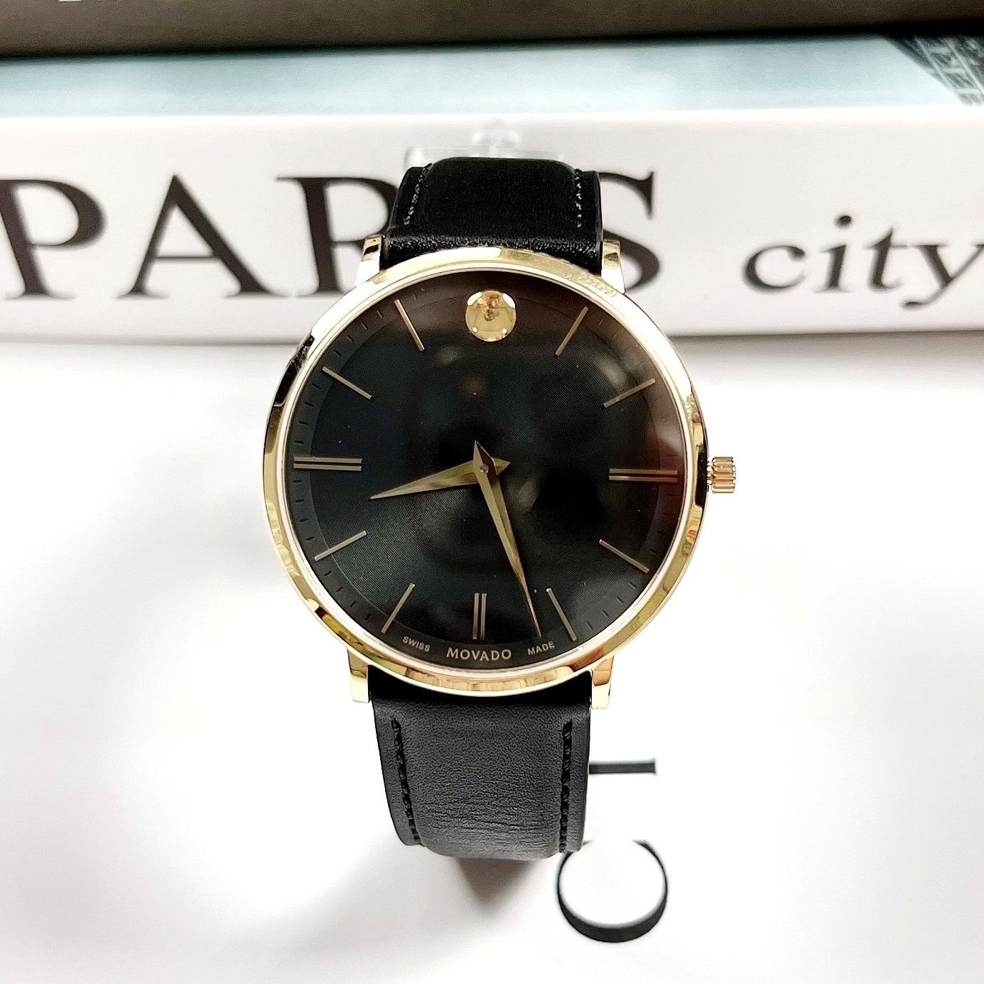  Shop Authentic Movado Ultra Slim Black Dial Black Leather Strap Watch For Men - 0607087 - Luxxuri