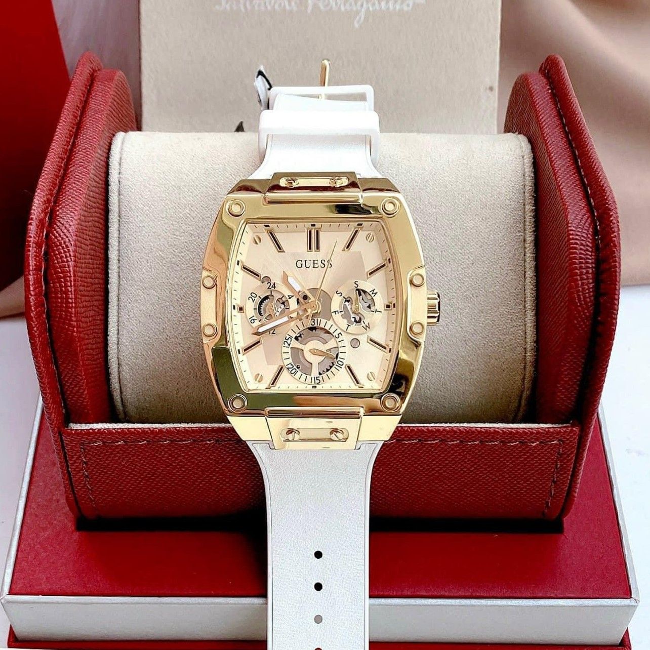  Shop Authentic Guess Phoenix Multifunction Gold Dial White Leather Strap Watch for Men - GW0202G6 - Luxxuri