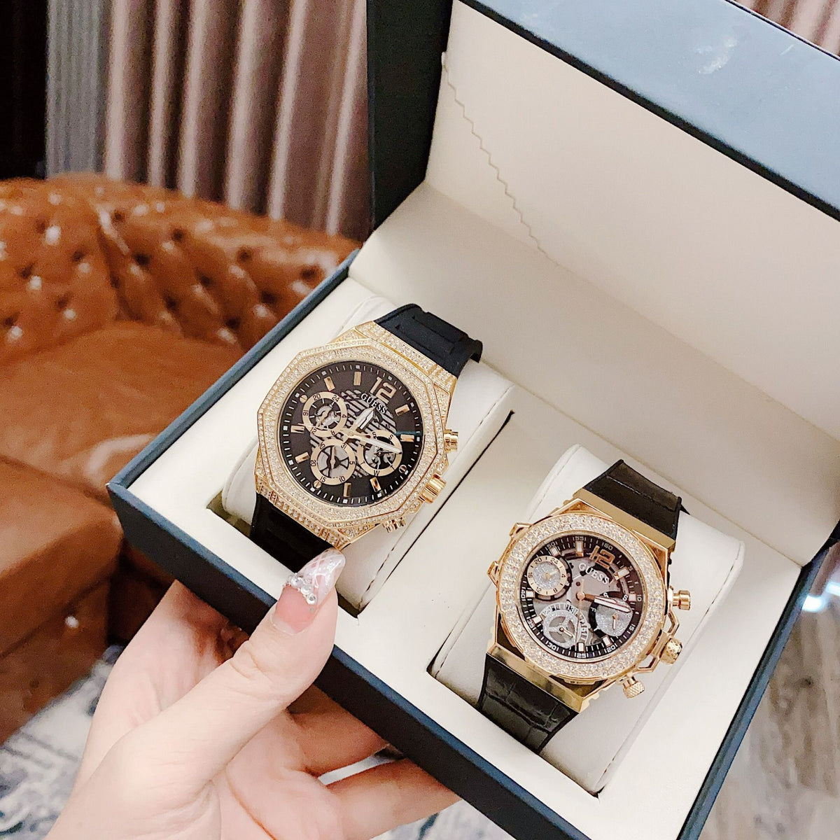  Shop Authentic Guess Fusion Chronograph Black Dial Black Leather Strap Watch For Women - GW0553L4 - Luxxuri