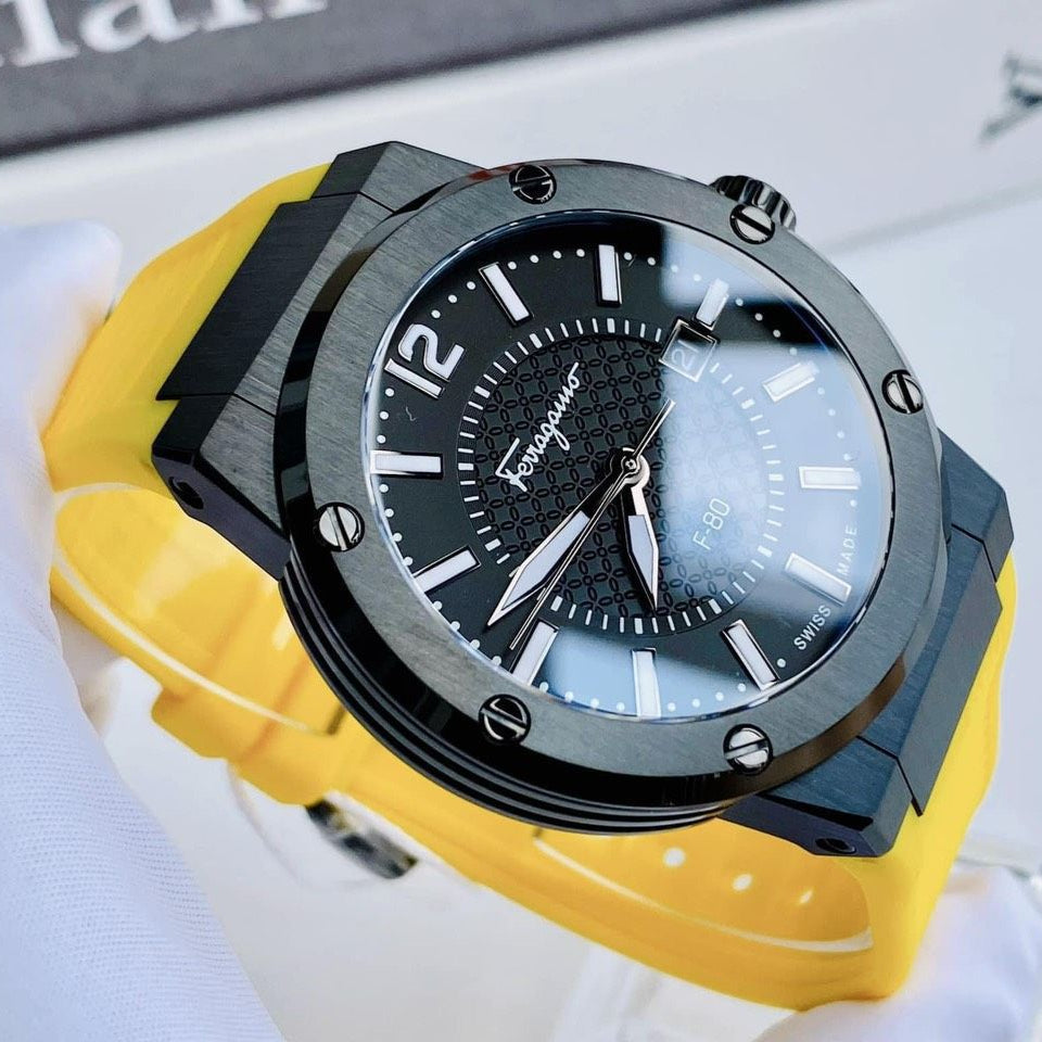  Shop Authentic Salvatore Ferragamo F-80 Classic Black Dial Yellow Rubber Strap Watch for Men - SFHY01522 - Luxxuri