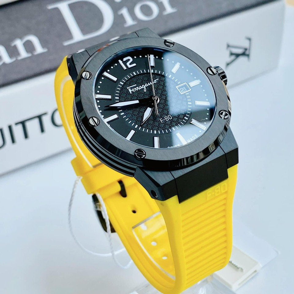  Shop Authentic Salvatore Ferragamo F-80 Classic Black Dial Yellow Rubber Strap Watch for Men - SFHY01522 - Luxxuri