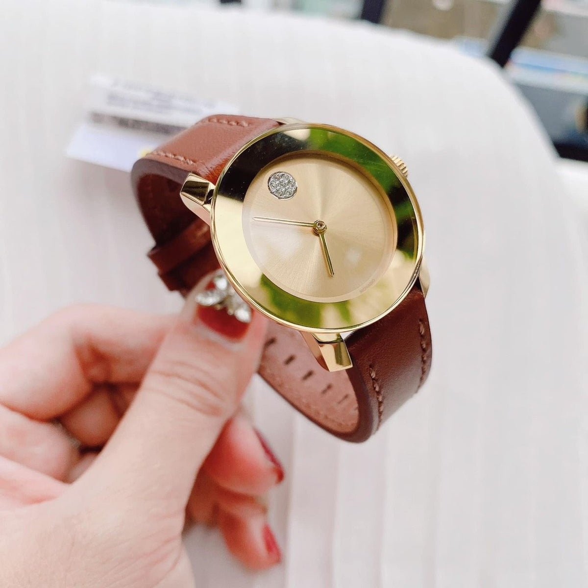  Shop Authentic Movado Bold Gold Dial Brown Leather Strap Watch for Women - 3600437 - Luxxuri