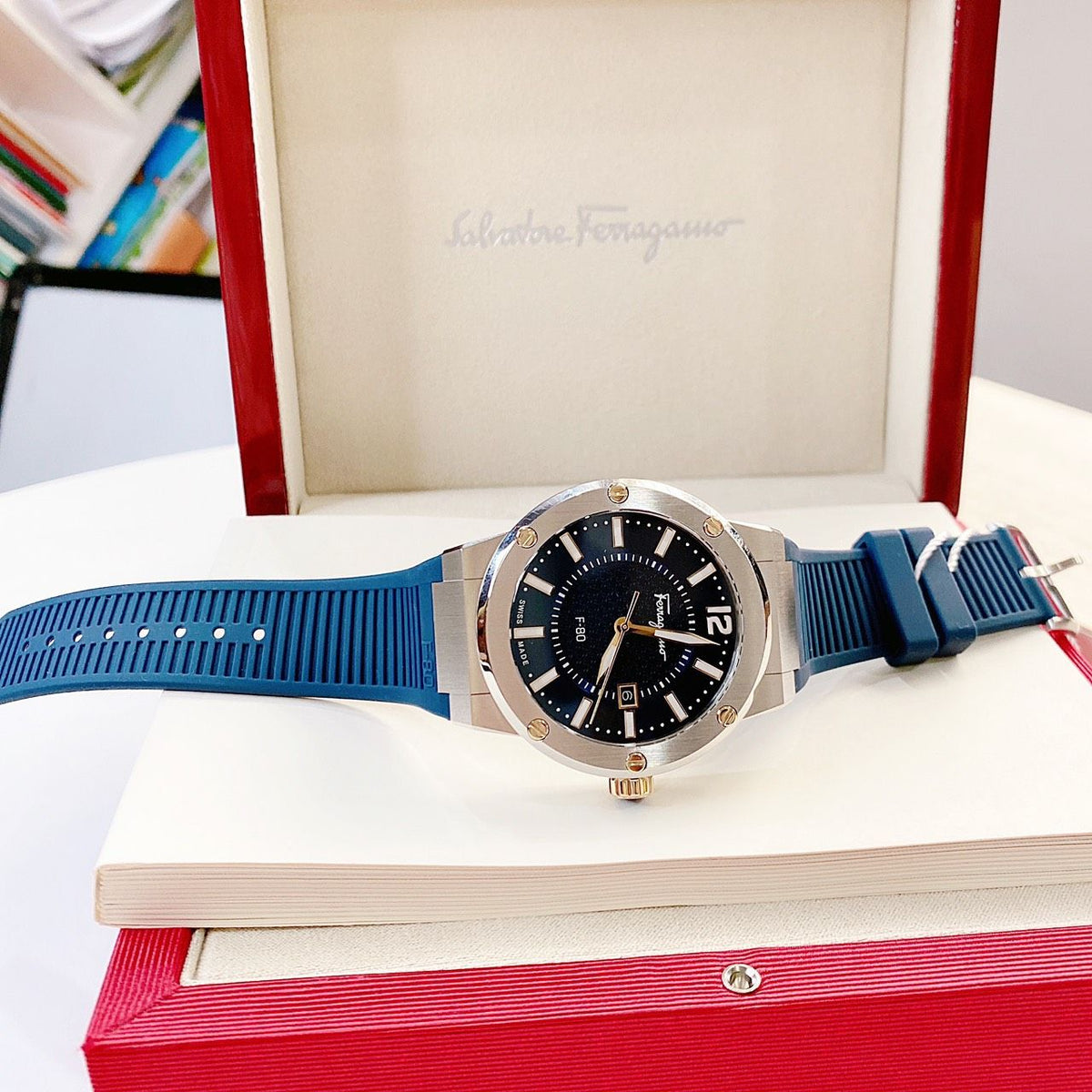  Shop Authentic Salvatore Ferragamo F-80 Blue Dial Blue Rubber Strap Watch For Men - SFHY01122 - Luxxuri