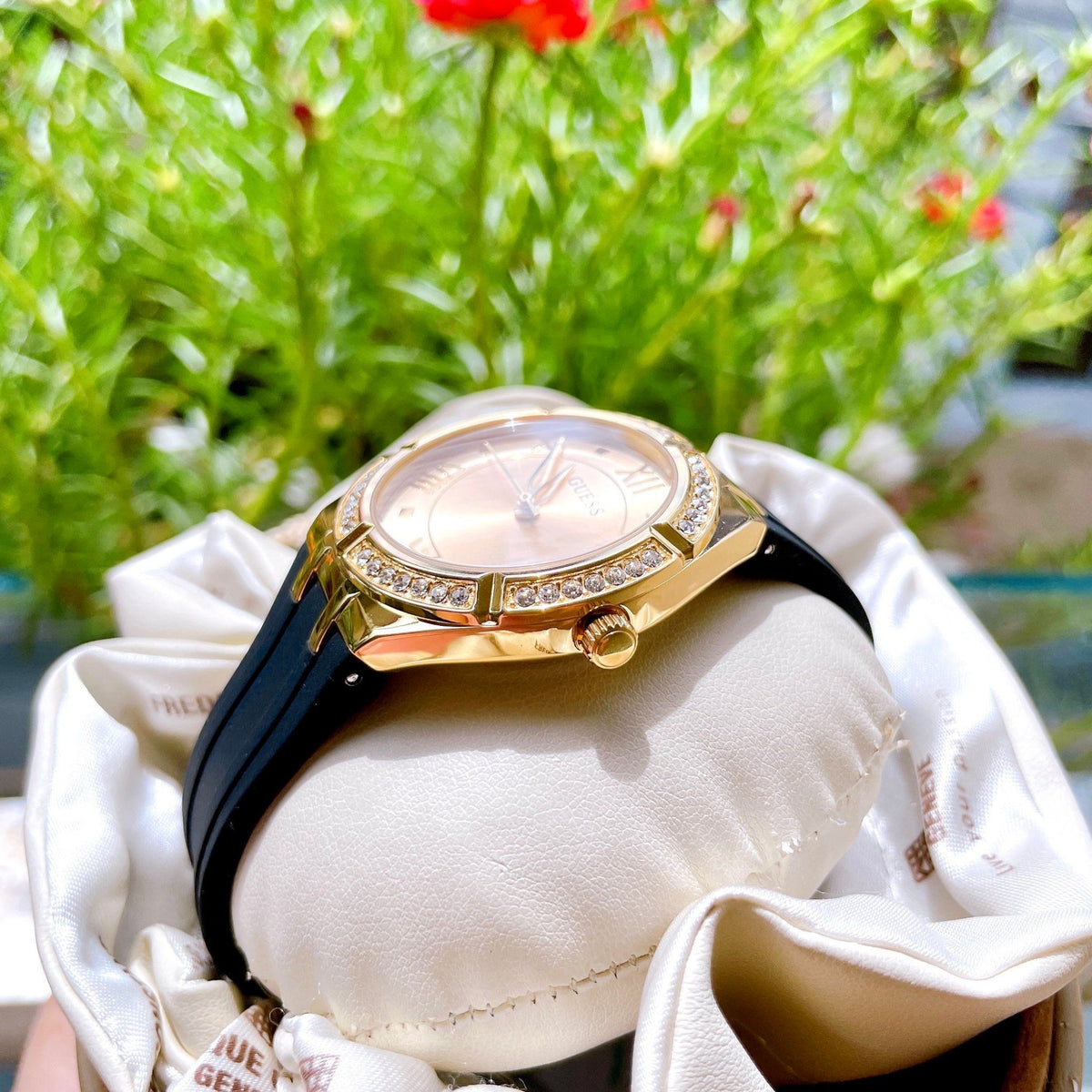  Shop Authentic Guess Cosmo Diamonds Gold Dial Black Rubber Strap Watch for Women - GW0034L1 - Luxxuri