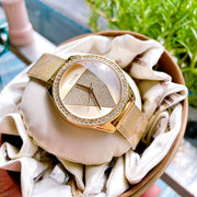  Shop Authentic Guess Tri Glitz Quartz Diamonds Gold Dial Gold Mesh Bracelet Watch For Women - W1142L2 - Luxxuri