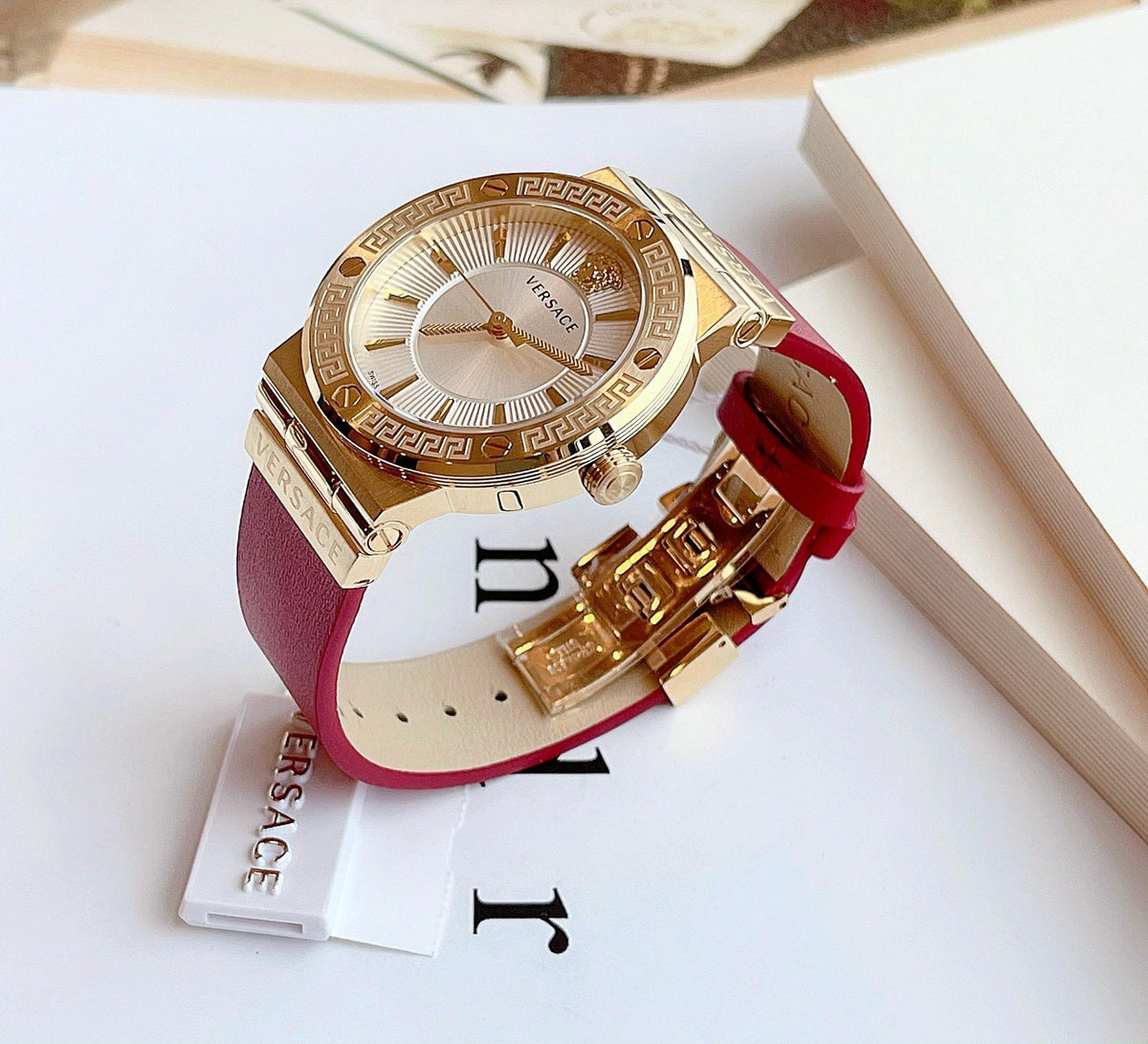  Shop Authentic Versace Greca Silver Dial Red Leather Strap Watch for Women - VEVH00420 - Luxxuri