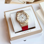  Shop Authentic Versace Greca Silver Dial Red Leather Strap Watch for Women - VEVH00420 - Luxxuri