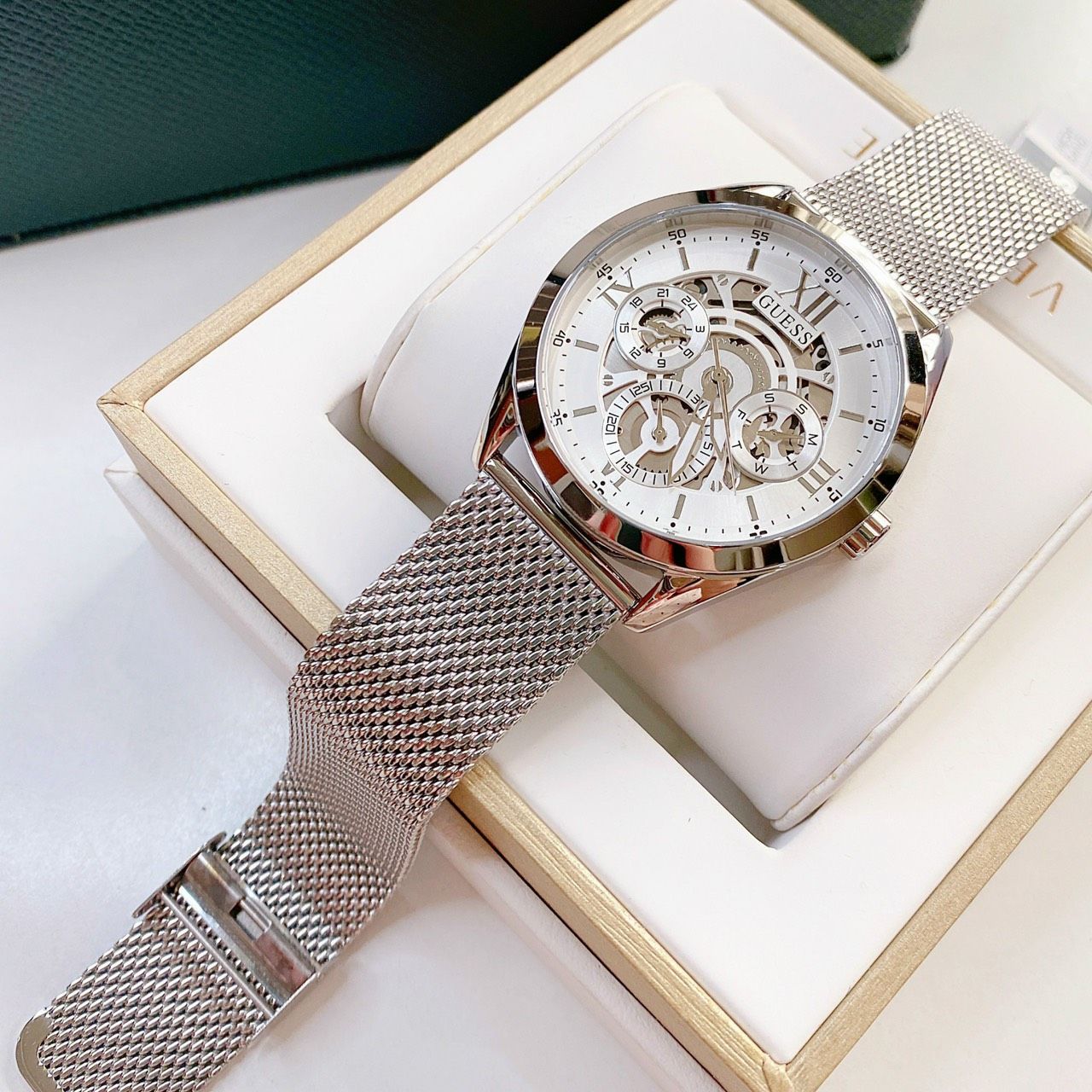  Shop Authentic Guess Tailor Multifunction Silver Dial Silver Mesh Bracelet Watch for Men - GW0368G1 - Luxxuri