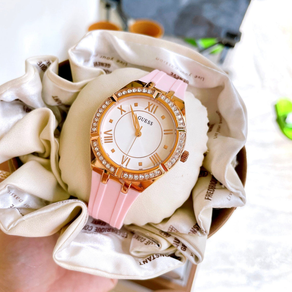  Shop Authentic Guess Cosmo Diamonds Silver Dial Pink Silicone Strap Watch for Women - GW0034L3 - Luxxuri