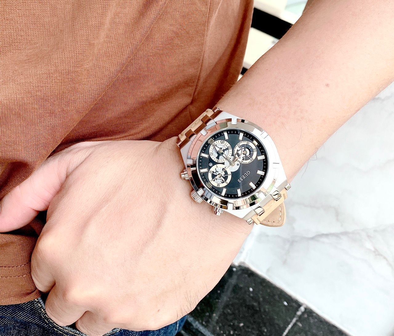  Shop Authentic Guess Continental Multifunction Black Dial Brown Leather Strap Watch for Men - GW0262G1 - Luxxuri