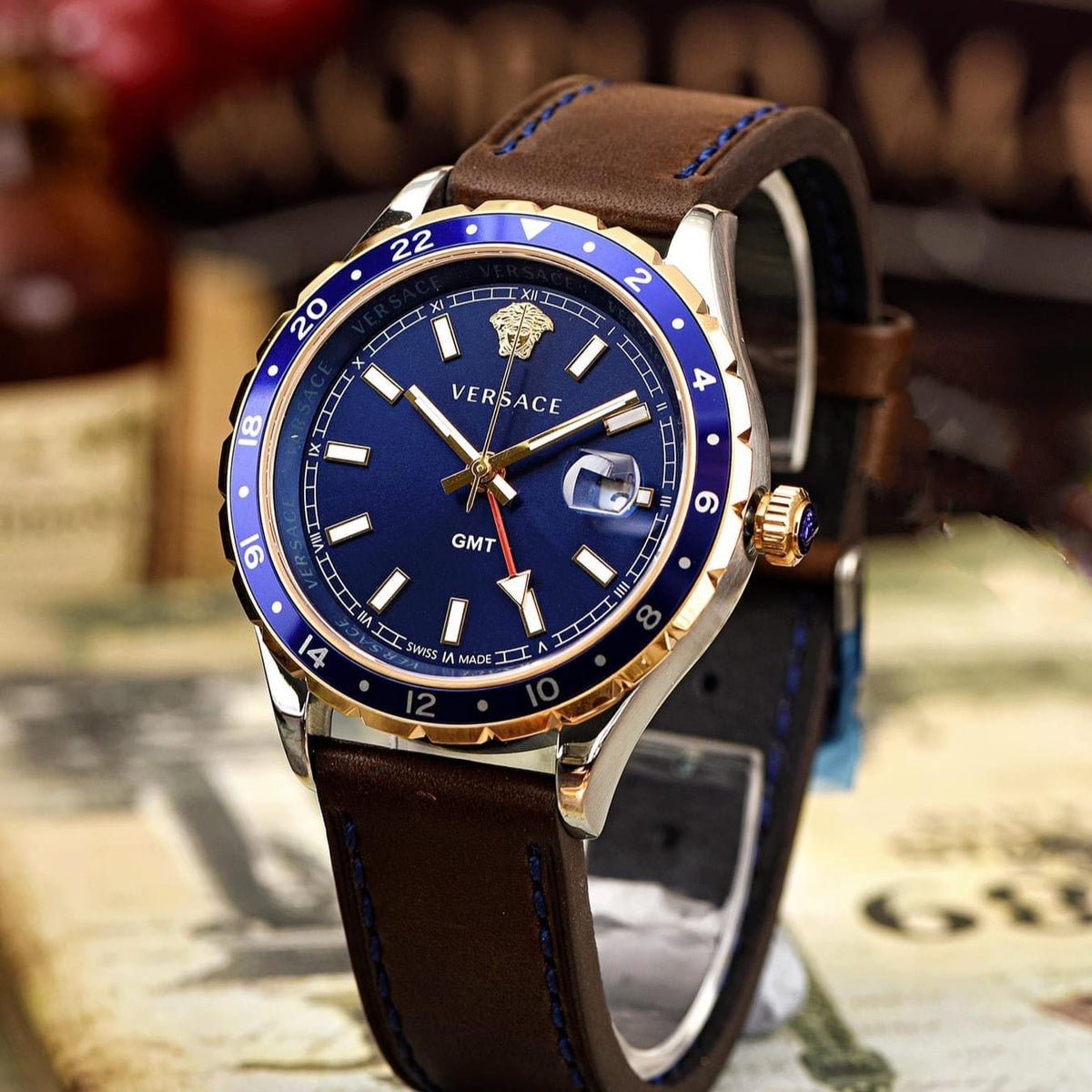  Shop Authentic Versace Hellenyium GMT Blue Dial Brown Leather Strap Watch for Men - V11080017 - Luxxuri