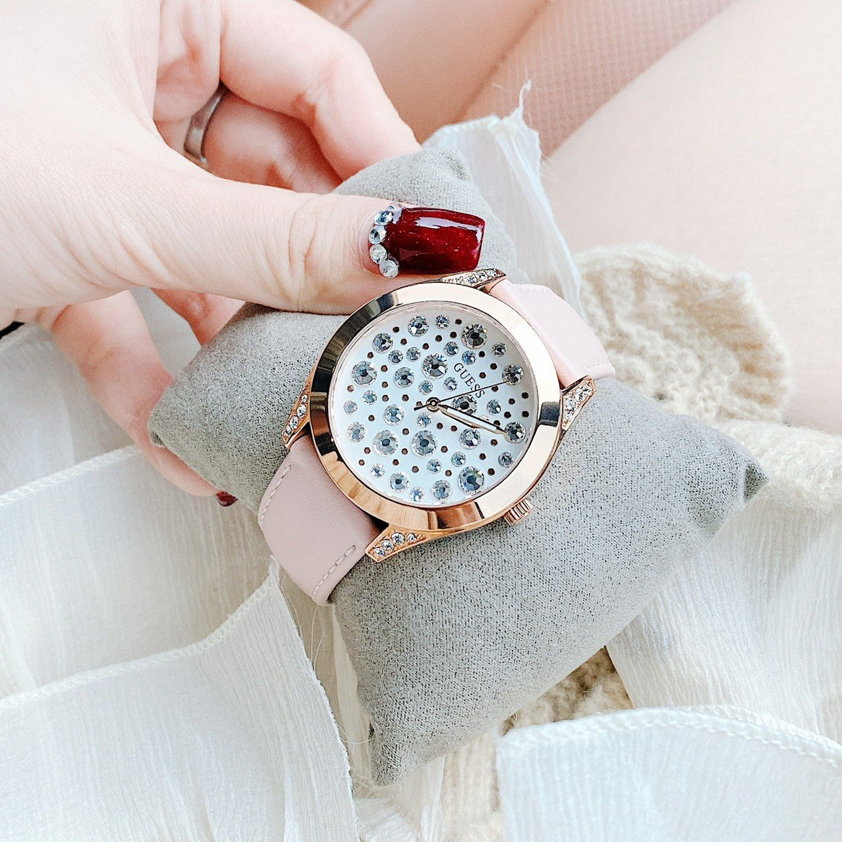  Shop Authentic Guess Wonderlust Beige Dial Pink Leather Strap Watch for Women - W1065L1 - Luxxuri