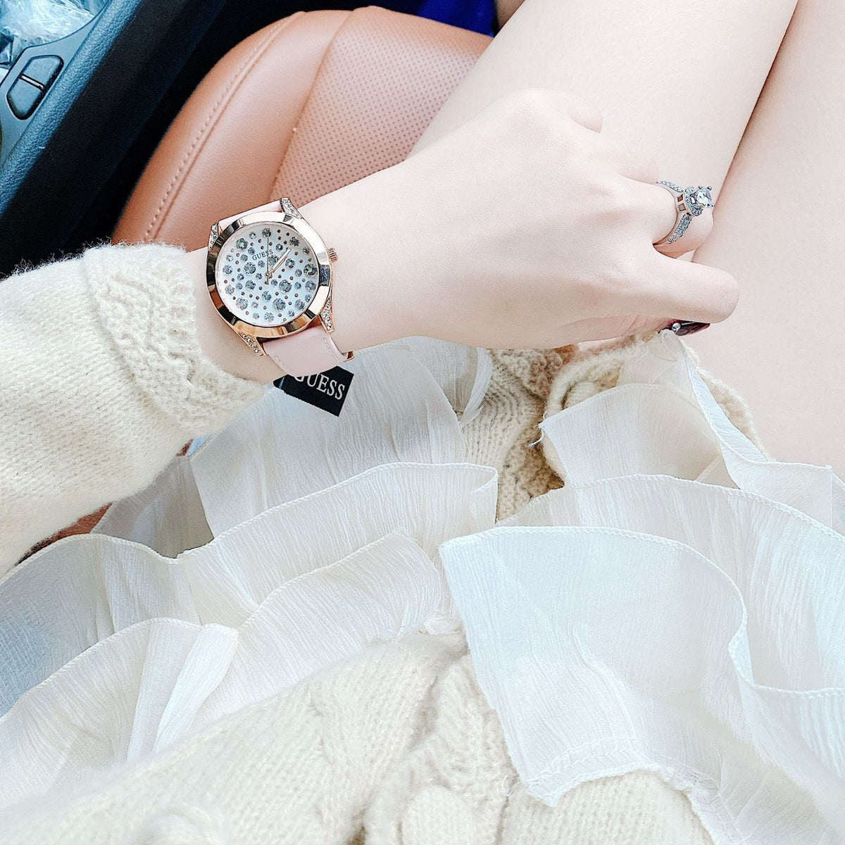  Shop Authentic Guess Wonderlust Beige Dial Pink Leather Strap Watch for Women - W1065L1 - Luxxuri