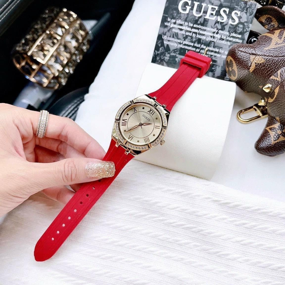  Shop Authentic Guess Cosmo Diamonds Gold Dial Red Rubber Strap Watch for Women - GW0034L6 - Luxxuri