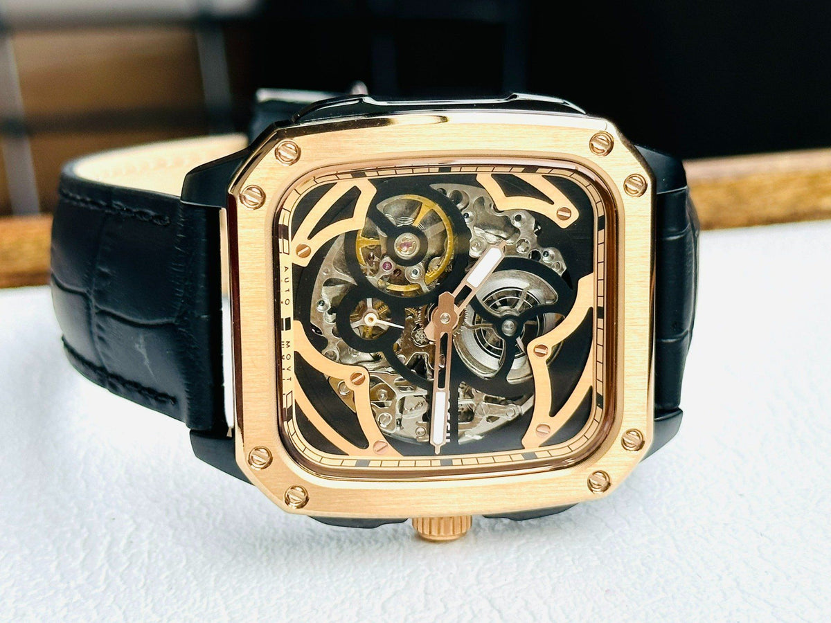  Shop Authentic Fossil Inscription Automatic Skeleton Rose Gold Dial Black Leather Strap Watch for Men - BQ2572 - Luxxuri