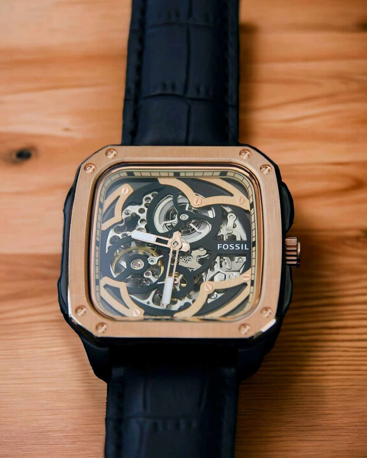  Shop Authentic Fossil Inscription Automatic Skeleton Rose Gold Dial Black Leather Strap Watch for Men - BQ2572 - Luxxuri