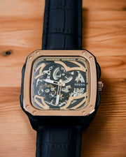  Shop Authentic Fossil Inscription Automatic Skeleton Rose Gold Dial Black Leather Strap Watch for Men - BQ2572 - Luxxuri
