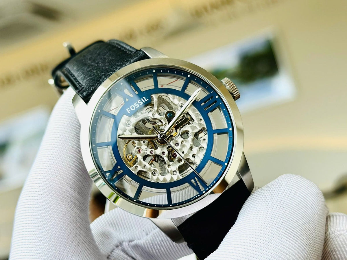  Shop Authentic Fossil Townsman Automatic Skeleton Blue Dial Black Leather Strap Watch for Men - ME3200 - Luxxuri
