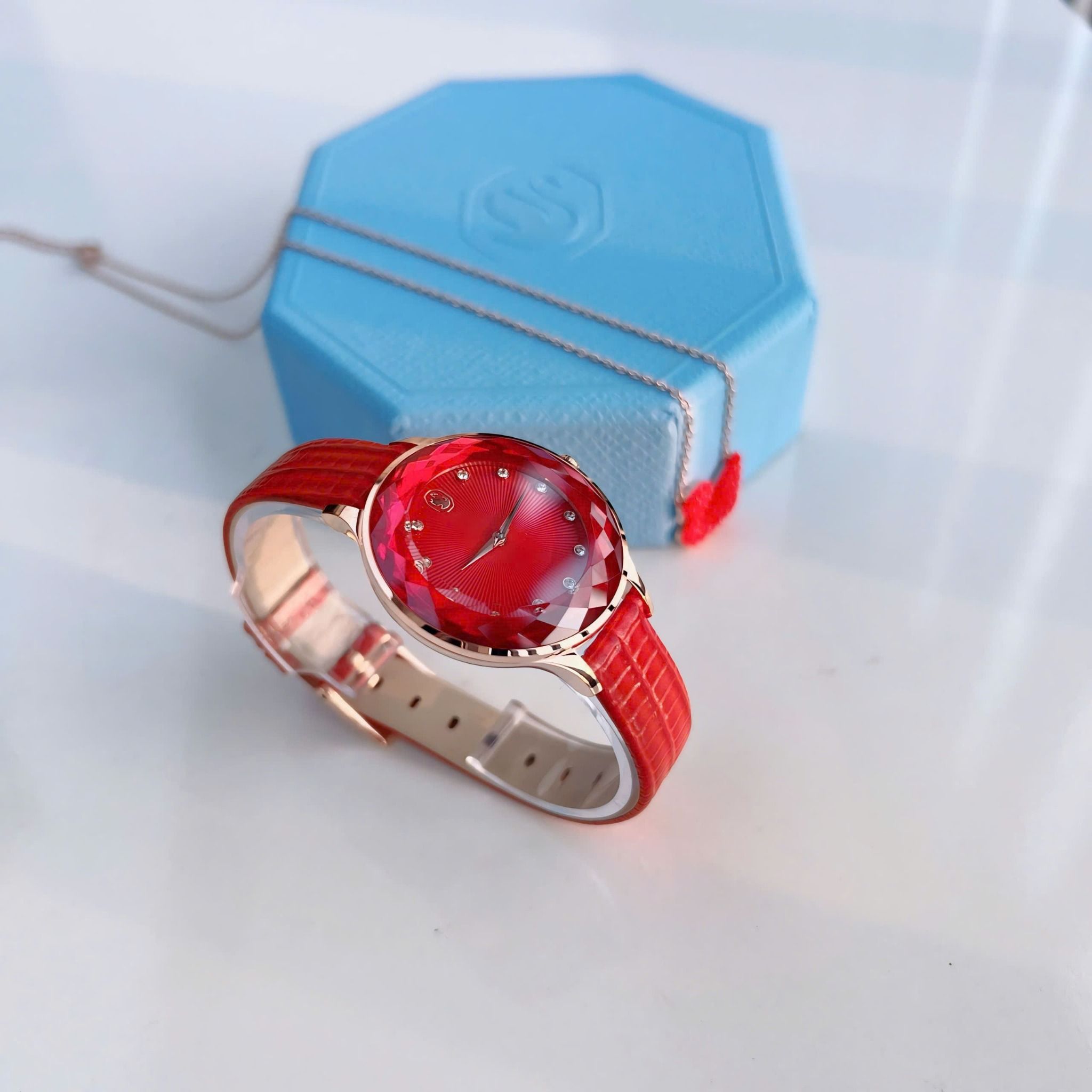  Shop Authentic Swarovski Octea Nova Quartz Red Dial Red Leather Strap Watch for Women - 5650002 - Luxxuri