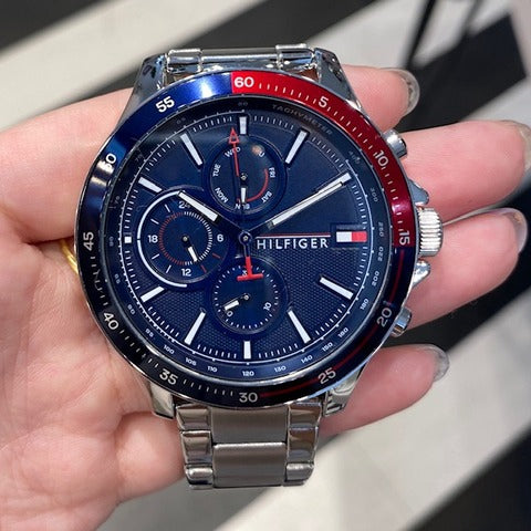  Shop Authentic Tommy Hilfiger Bank Chronograph Blue Dial Silver Steel Strap Watch for Men - 1791718 - Luxxuri