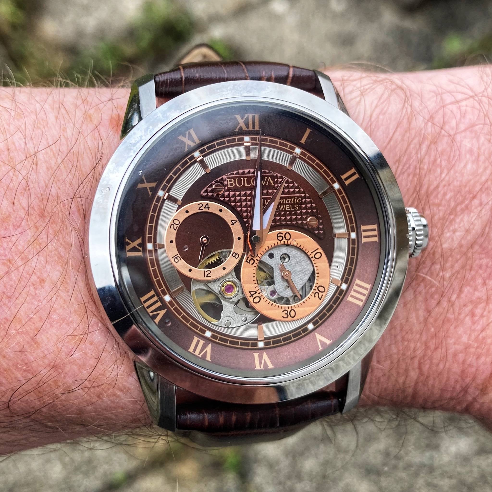  Shop Authentic Bulova Classic Skeleton Automatic Brown Dial Brown Leather Strap Watch for Men - 96A120 - Luxxuri